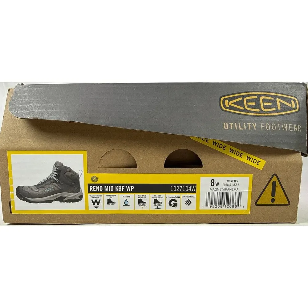 Keen‎ Reno Mid Work Boot Womens 8 Wide Carbon Toe Waterproof Grey Leather